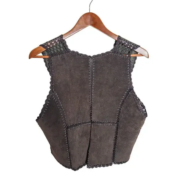 Vintage Patchwork Suede Leather Look Vest Crochet Trim Boho Western Medium